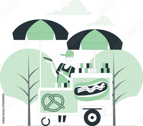 Street vendor selling hot dogs and pretzels from a colorful food cart street food