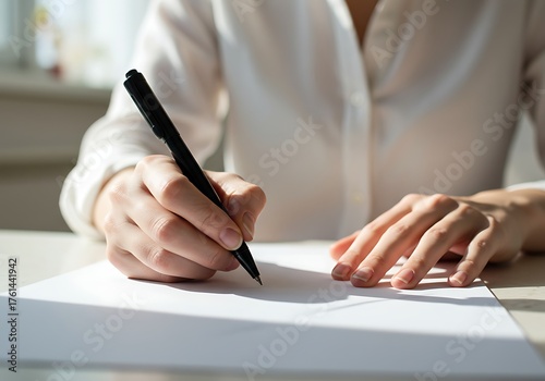 Woman carefully writing notes on paper with elegant pen, bright daylight