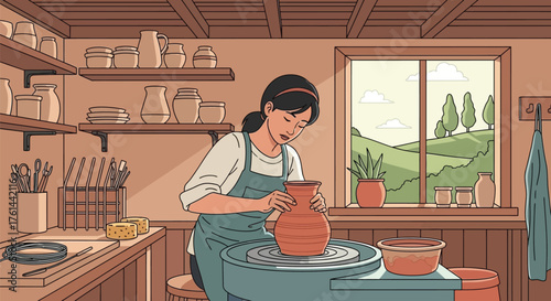 Vector art of potter shaping clay on a pottery wheel in a workshop