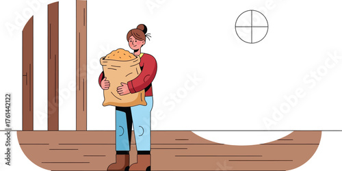 Vector art of farmer carrying a sack of grain on a wooden boat