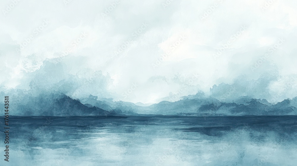 Obraz premium Misty Mountain Range Over Water; Peaceful Landscape; Background for Relaxation; Suitable for Calm Wallpaper