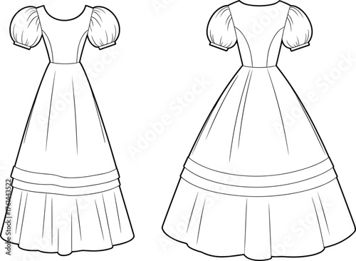 Elegant puff sleeve dress technical flat sketch, front and back view, tiered skirt design, princess seam bodice, CAD drawing flat vector illustration