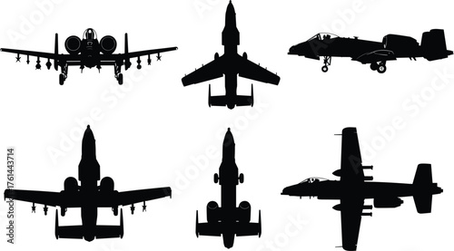 A-10 Thunderbolt II aircraft silhouette set, jet fighter vector illustration, military airplane front and top view, aviation warplane design collection