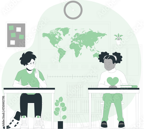 Children in classroom with world map and books studying geography Keywords: classroom, school, education, learning, children, kids, students, geography, world map, desks, books, plants, clock