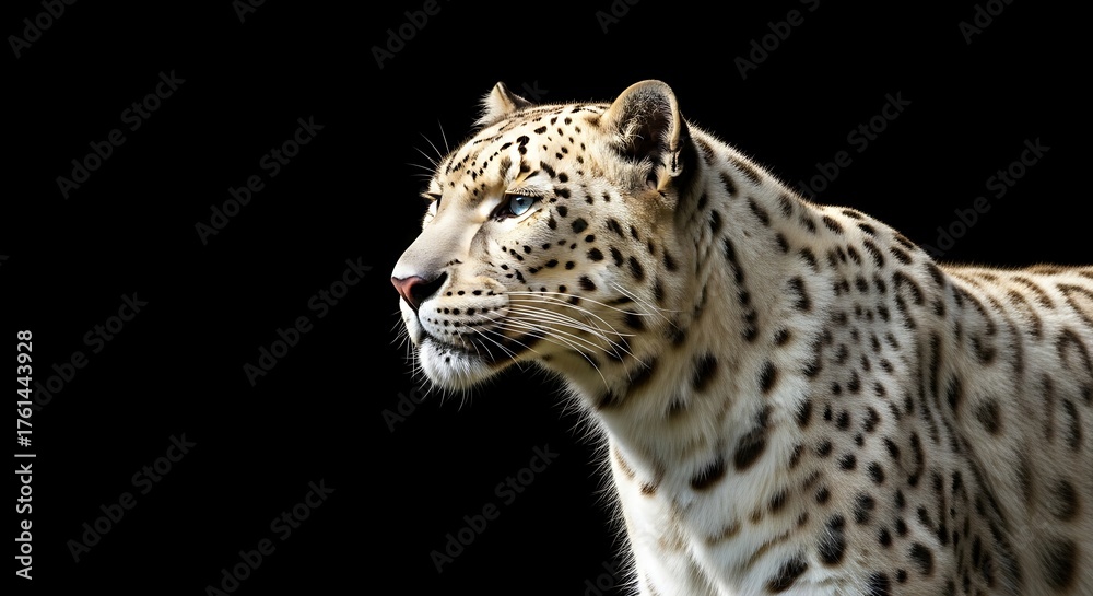 Naklejka premium A hyper-realistic portrait of a white leopard with pale cream fur covered in soft golden-brown spots, gazing gracefully to the side.