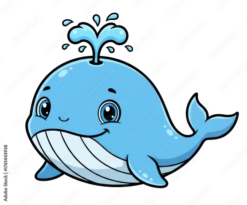 Fototapeta premium Cute Blue Cartoon Whale Spouting Water on Transparent Background