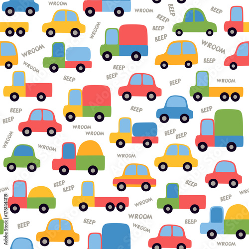 Childish seamless pattern with colorful cars and lettering "wroom" and "beep"