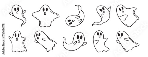 Cartoon haunted ghost Halloween doodle hand drawn icon set. Outline drawing cute ghost characters.