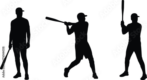 Baseball player silhouette collection showing batting stance, swinging motion, and ready position, isolated black figures for sports vector illustration design