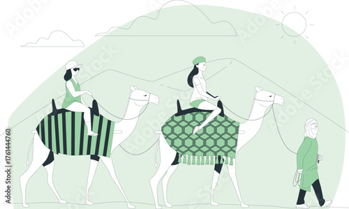 Tourists riding camels in a desert landscape with mountains and sun Keywords: camel, camels, riding, desert, landscape, mountains, sun, tourism, travel, adventure, expedition, journey, vacation