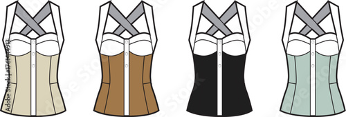 Stylish collection of women's strapless tops featuring a structured bodice and criss-cross back straps, presented in various elegant color options for modern fashion designs