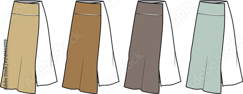 Collection of simple wrap skirts in various neutral and pastel tones, perfect for fashion design templates, wardrobe planning, or clothing pattern illustrations, showcasing versatile garment styles