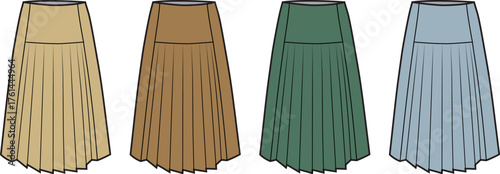 Collection of Four Pleated Skirts in Different Colors Beige, Brown, Green, and Blue