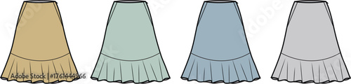 Collection of four pleated skirts in various colors beige, light green, blue, and grey