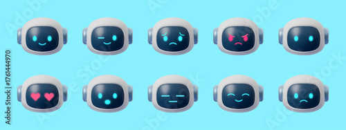 3D robot emoji set with multiple emotions and expressions. Futuristic AI chatbot mascot icons, cute cartoon digital assistant faces isolated on white background for modern design and technology