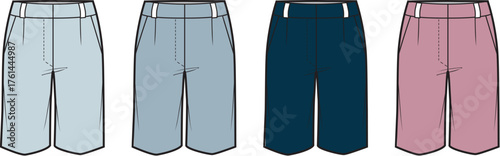 Technical vector fashion flat sketches of women's shorts. Diverse styles and colors for apparel design, summer wear, and clothing projects