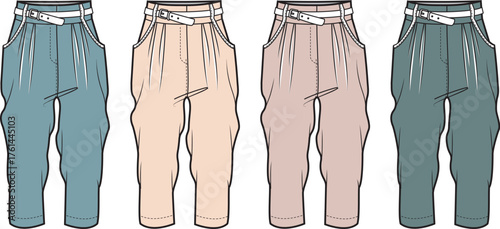 Collection of colorful belted paperbag pants for women. Vector technical flat sketch apparel design fashion template set