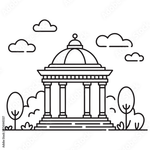 Outline Classical Gazebo Vector Icon - Architectural Pavilion with Trees and Clouds