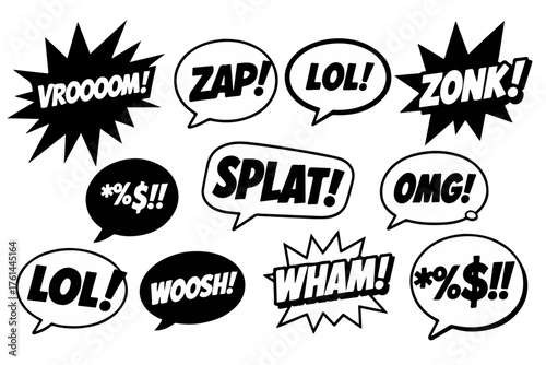 A black and white comic speech bubble pack vector with popular sound effects and text like ZAP!, LOL!, SPLAT!, and OMG!