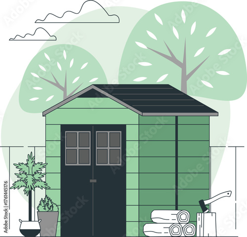 Green garden shed with tools, plants, and trees in the background Keywords: garden shed, storage, tools, axe, logs, wood, chopping, plants, potted plant, tree, outdoor, backyard, gardening, nature