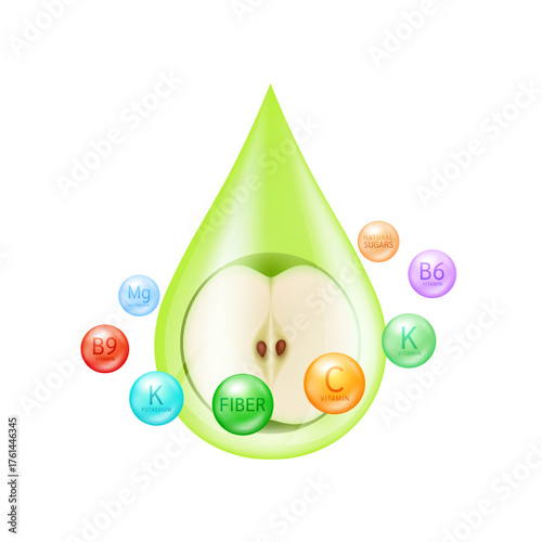 Green apple fresh in water drop surrounded by vitamins and minerals on a white background. Serum solution from nature essential skin care. For ads cosmetics cream lotion. Vector illustration.