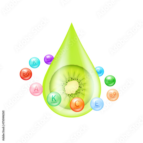 Kiwi fresh in water drop surrounded by vitamins and minerals on a white background. Serum solution from nature essential skin care. For ads cosmetics cream lotion. Vector illustration.