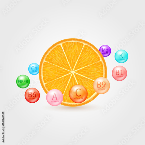 Orange slice surrounded by vitamins and minerals. Fruits citrus rich in vitamin C essential to the health care. Natural alternative supplements. Vector illustration.