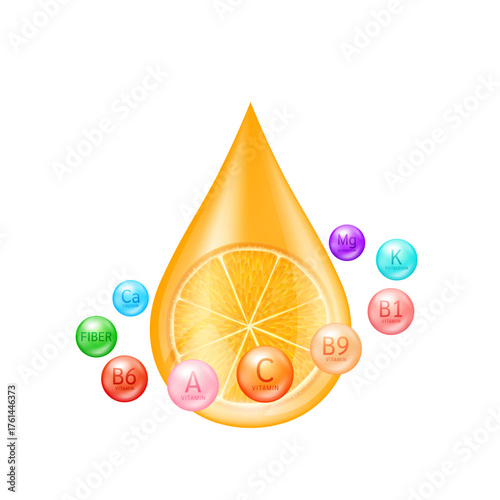 Orange fresh in water drop surrounded by vitamins and minerals on a white background. Serum solution from nature essential skin care. For ads cosmetics cream lotion. Vector illustration.