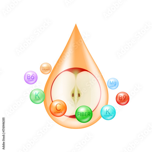 Red apple fresh in water drop surrounded by vitamins and minerals on a white background. Serum solution from nature essential skin care. For ads cosmetics cream lotion. Vector illustration.