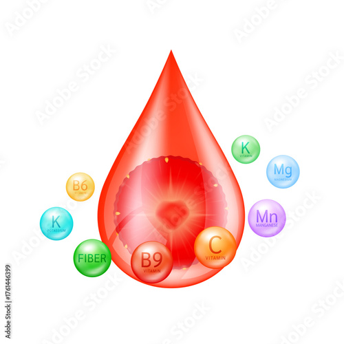 Strawberries fresh in water drop surrounded by vitamins and minerals on a white background. Serum solution from nature essential skin care. For ads cosmetics cream lotion. Vector illustration.