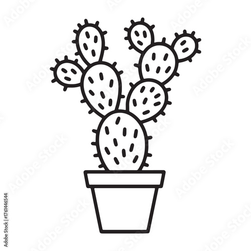 Potted Prickly Pear Cactus Vector Icon - Outline Opuntia Succulent Plant