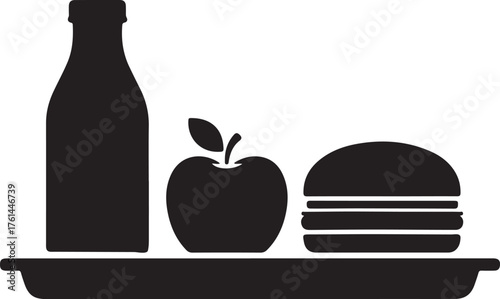 Illustration of a meal tray with a bottle, apple, and hamburger