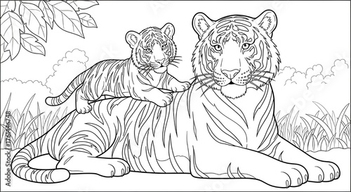 Adorable tiger cub rests on parent, jungle scene