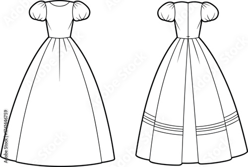 Formal puff sleeve dress technical flat sketch, front and back view, full length skirt design, seam detail bodice, CAD drawing flat vector illustration