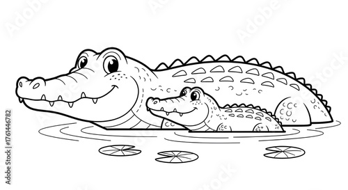Happy cartoon alligators swimming in water with lily pads