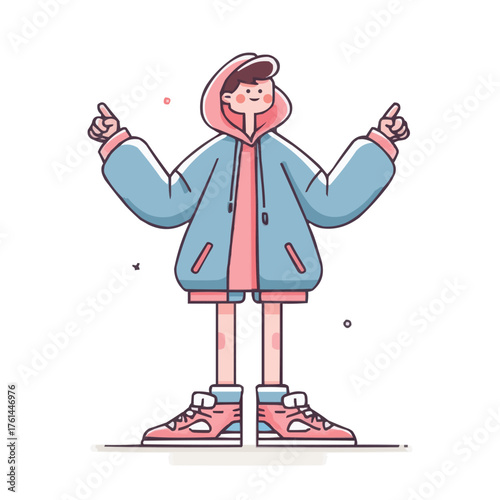 Cartoon Boy Character in Blue Oversized Jacket