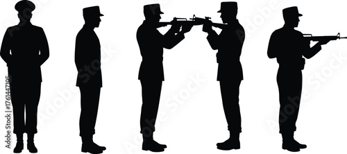 Military soldier silhouette training with rifles, armed forces teamwork concept, army drill practice illustration, defense combat preparation vector design