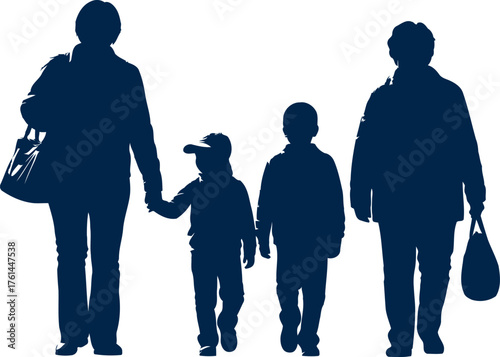 Family silhouette walking together holding hands parents and children outing outdoor scene silhouette