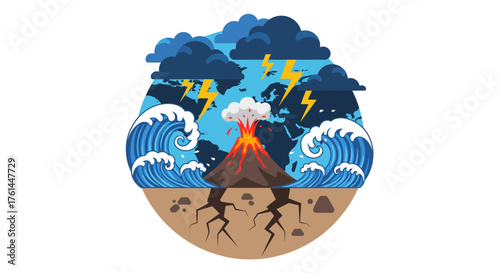 Illustration of natural disasters: tsunami, volcano eruption, earthquake, and thunderstorm.