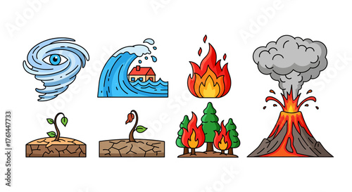 A collection of colorful cartoon icons depicting natural disasters such as hurricanes, tsunamis, fires, droughts, and volcanic eruptions.