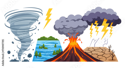 A visual representation of various natural disasters including a tornado, flood, volcanic eruption, and drought with lightning.