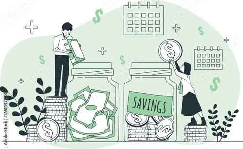 Couple saving money in jars with coins and banknotes and calendar icons finance money jar