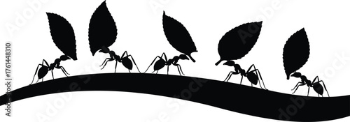 Silhouette of ants carrying leaves on curved ground, teamwork and cooperation in nature concept, hard working insect colony illustration