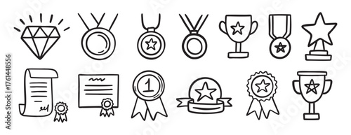 medal honor award related doodle hand drawn icon set. Outline drawing winner line clipart symbol collection