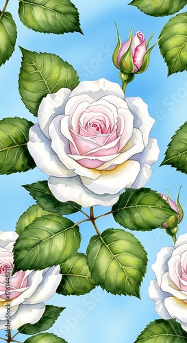 Elegant White Roses with Green Leaves on Light Blue Background.