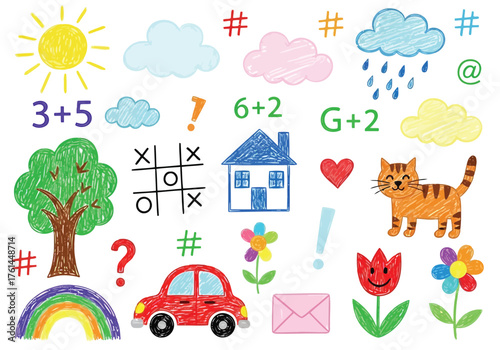 Vector illustration of children drawing of school elements