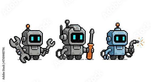 Pixelated robot characters with tools like wrenches and screwdrivers, showcasing a theme of repair and construction in a retro style