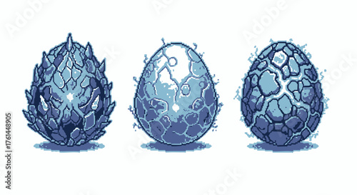 A concept collection of three magical fantasy eggs, crafted in a detailed pixel art style and glowing with vibrant blue mystical energy