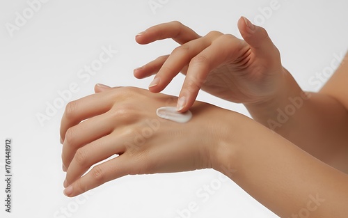 Woman applying cream on her hand isolated on white background