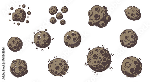 Pixelated asteroid collection A set of various-sized celestial bodies rendered in a retro video game style